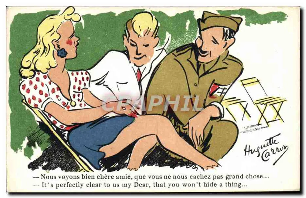 Zwei Männer und eine Frau in einer humorvollen Szene — Huguette Carron — Serie 44-102 - Vorderseite