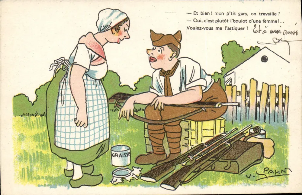 Cena de campo — caricatura de um homem e uma mulher com rifles — editor P-C, série M-110 - Frente