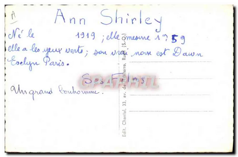Ann Shirley — retrato — RKO, n° G27 - Verso