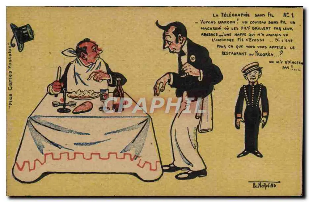 Un client au restaurant — caricature de la télégraphie sans fil — éditeur Nics Cartes Postales, n°1 - Frente