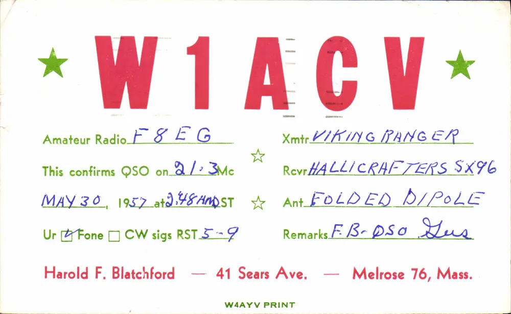 Amateurfunk QSO — W1ACV — WAAYV PRINT - Vorderseite