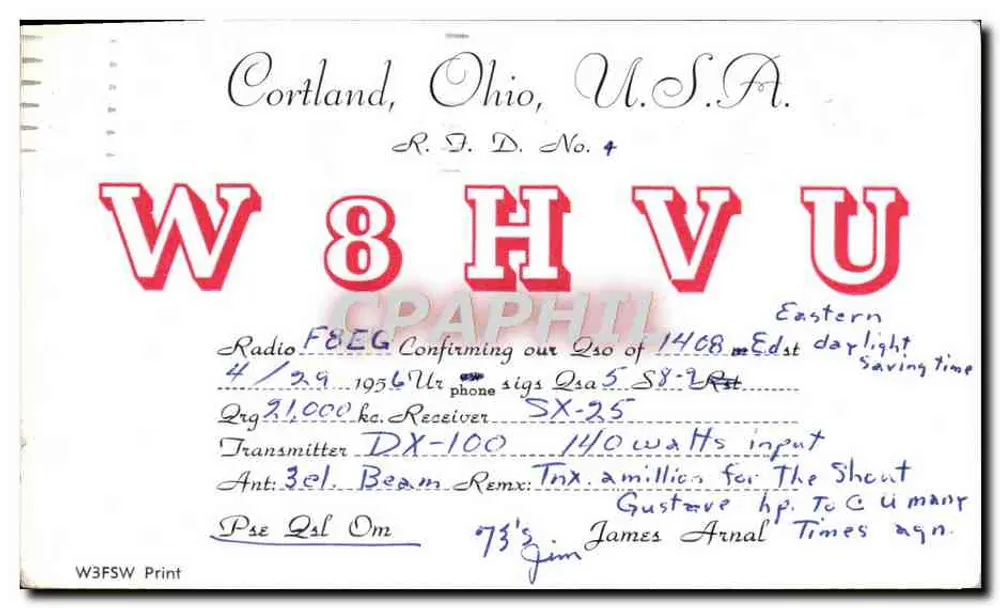 Cortland, Ohio, USA — Radio F8EG bestätigt QSO — W3FSW Print - Vorderseite