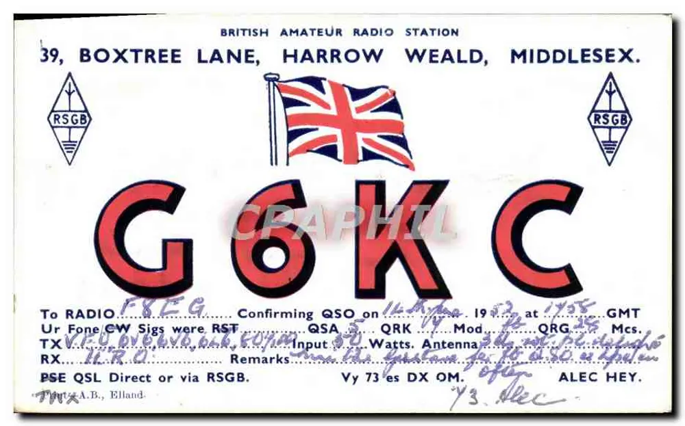 Amateurfunkstation G6KKC — Harrow Weald, Middlesex — RSGB - Vorderseite