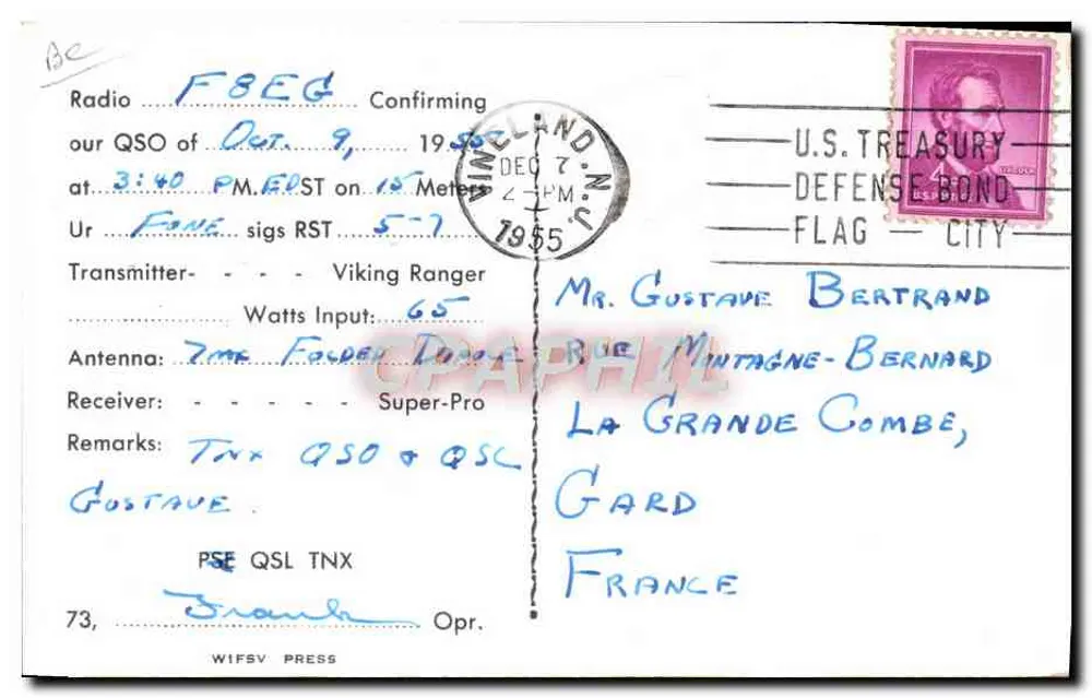 Elmer, New Jersey — QSO Funkbestätigung — A.R.R.L. und Francis C. Fekel - Rückseite