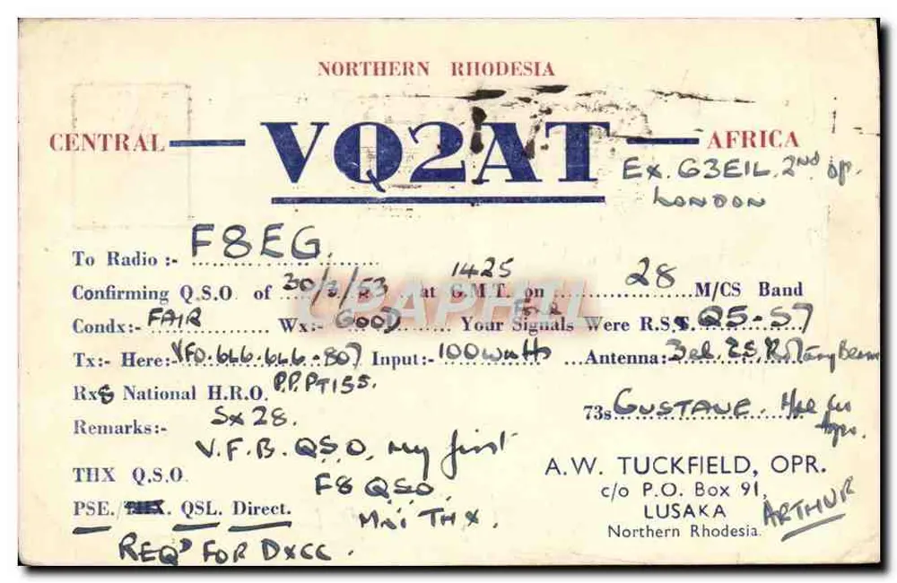 Northern Rhodesia — QSO Amateurfunk — VQ2AT - Vorderseite