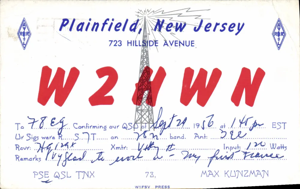 W2HWN — Amateurfunkantenne in Plainfield, New Jersey — RERL - Vorderseite