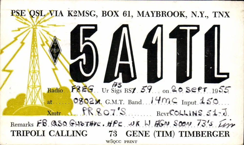 Radiostation 5A1TL — QSL über K2MSG — Verlag AYER & L. n°73 - Vorderseite