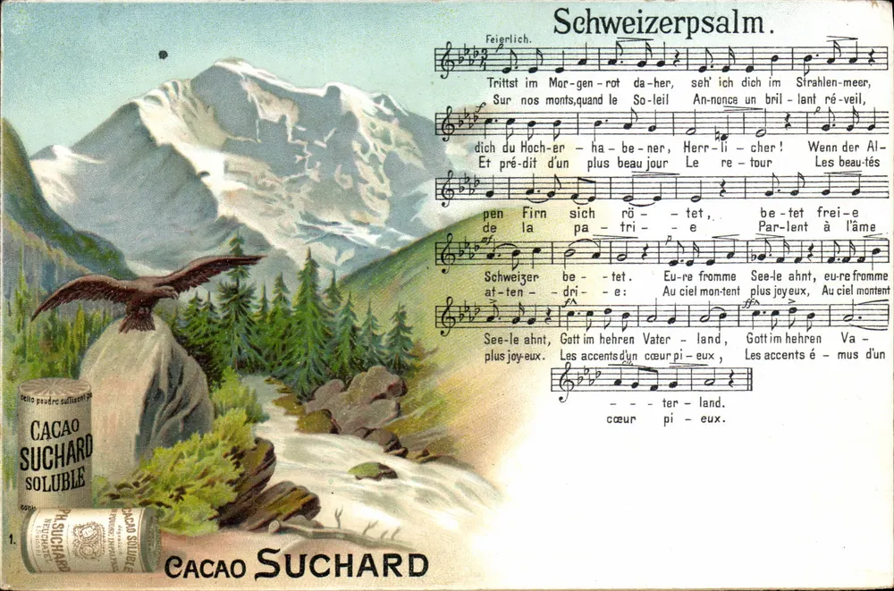 Schweizer Alpen — Alpenlandschaft mit Adler und Wasserfall — Werbung Cacao Suchard - Vorderseite