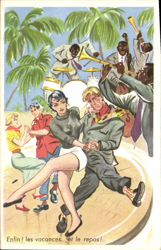 Urlaub und Ruhe — Strand-Szene mit Musikern — Photocchrom, Nr. 351 - Vorderseite