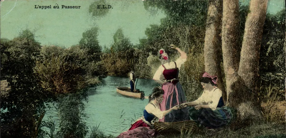 O Chamado ao Barqueiro — cena de margem com três mulheres e um barqueiro — E.L.D. - Frente