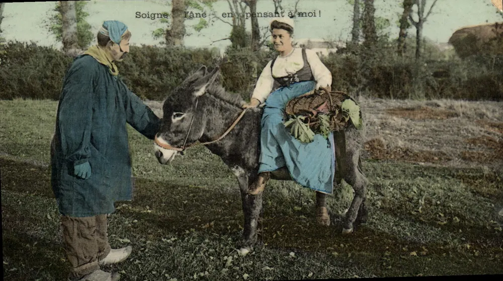 Opiekuj się, koń myśląc o mnie! — scenka wiejska z kobietą na koniu i mężczyzną obok — wydawca nie widoczny - Awers