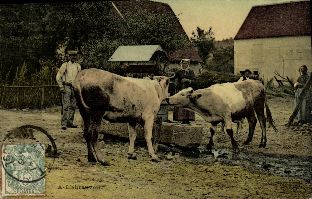 A-L'abreuvoir — cena de aldeia com vacas e habitantes — editor A. L'abreuvoir - Frente