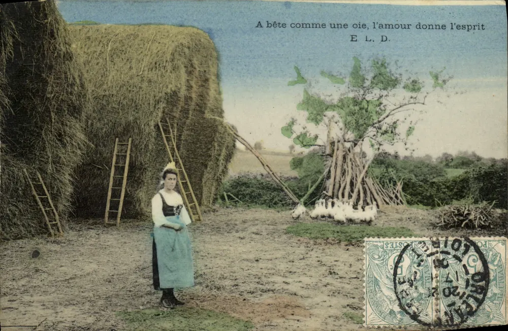 Frau in der Mitte von Hecken aus Stroh — Verlag E.L.D. — Briefmarke und Stempel von Dourdan - Vorderseite