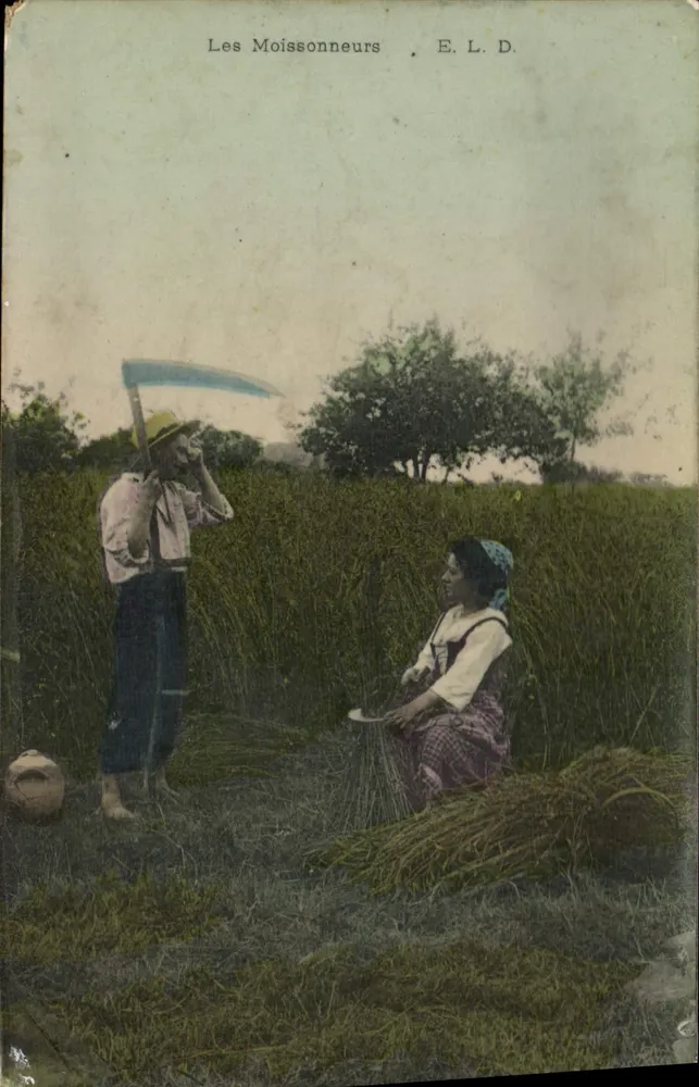 Les Moissonneurs — scène de récolte avec homme et femme — E. L. D. - Frente