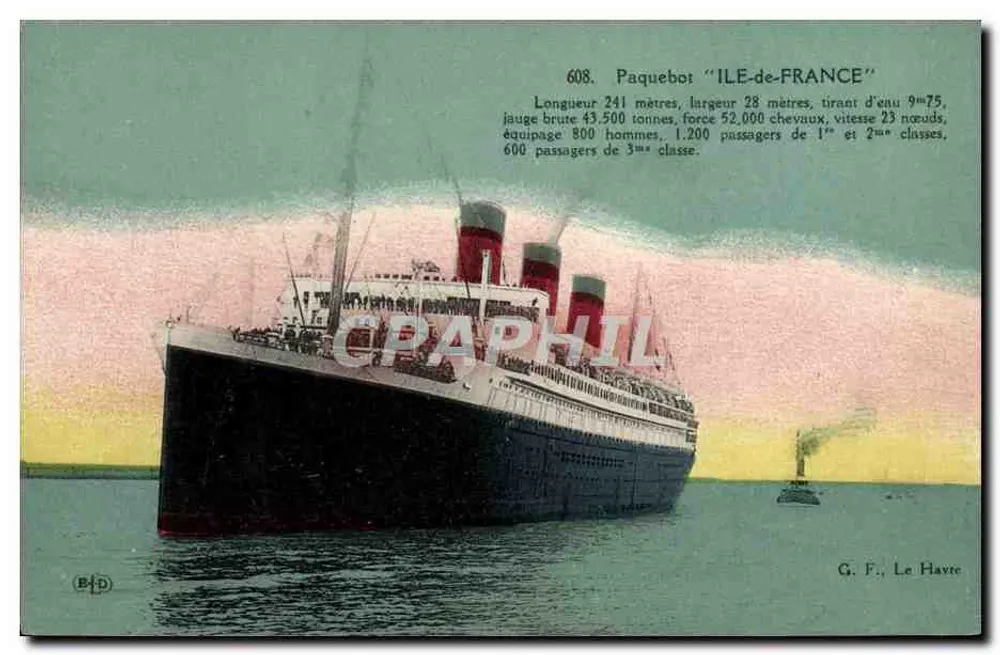 Dampfer "ILE-de-FRANCE" — Technische Daten — G. F., Le Havre - Vorderseite