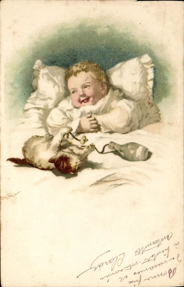 Lachendes Kind mit einer Katze — Illustration — Verlag nicht sichtbar - Vorderseite
