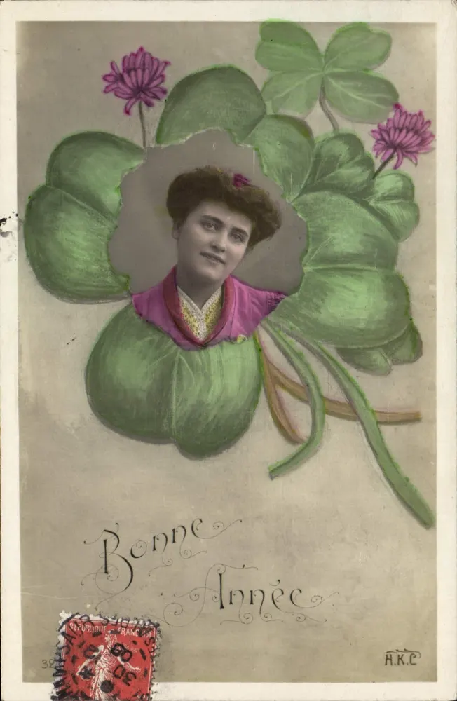 Frau in einem Kleeblatt — Frohes Neues Jahr — A.K.C. - Vorderseite