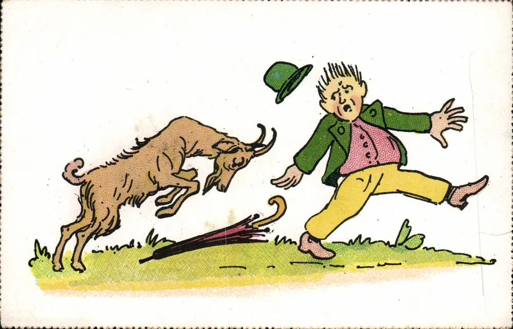 Um homem assustado por uma cabra — ilustração humorística — editor desconhecido - Frente