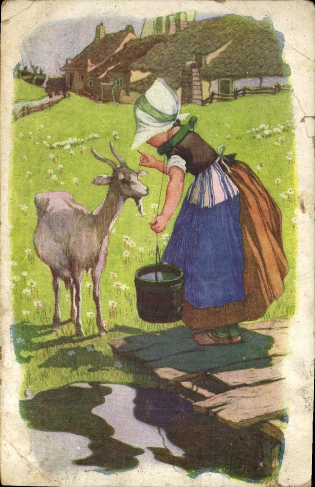 Fille en costume traditionnel nourrissant une chèvre — scène pastorale — éditeur Imp. H. Laas, E. Pecaud et Cie, Paris - Frente
