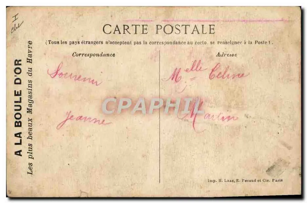 Fille en costume traditionnel nourrissant une chèvre — scène pastorale — éditeur Imp. H. Laas, E. Pecaud et Cie, Paris - Verso