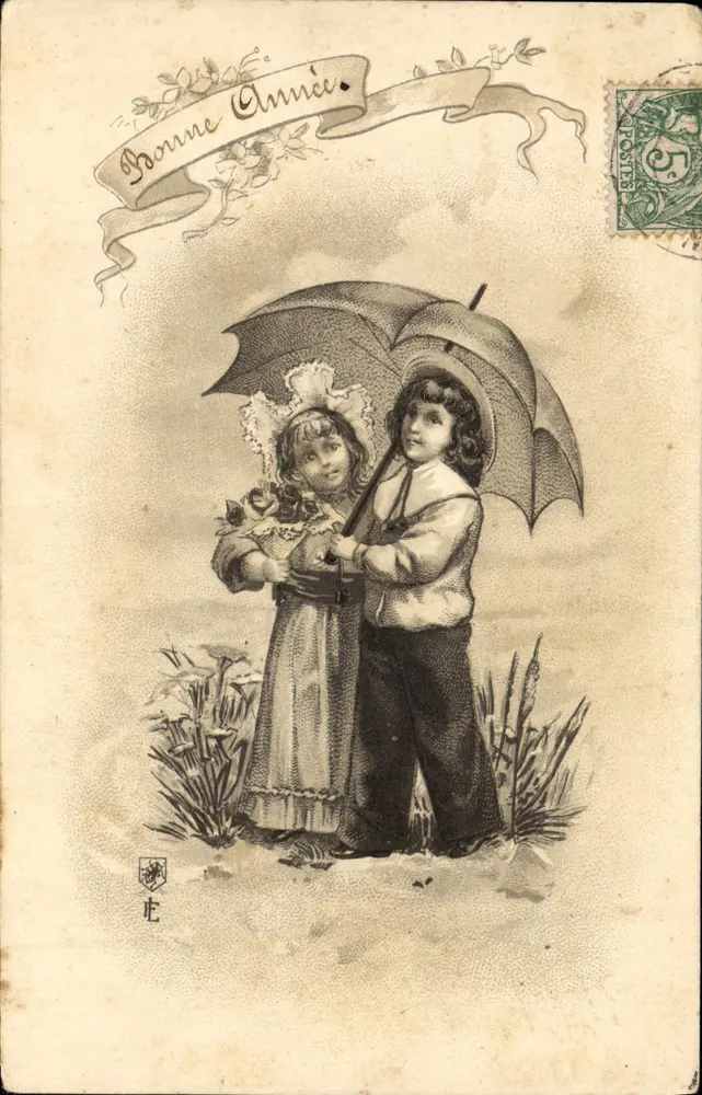 Zwei Kinder unter einem Regenschirm — Frohe Neujahr — unbekannter Verlag, Seriennummer nicht sichtbar - Vorderseite