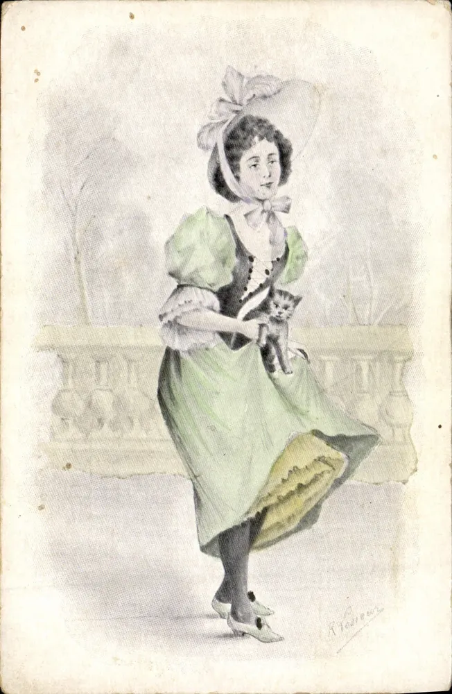 Junge Frau mit Katze — Aquarellzeichnung — R. Barreux - Vorderseite