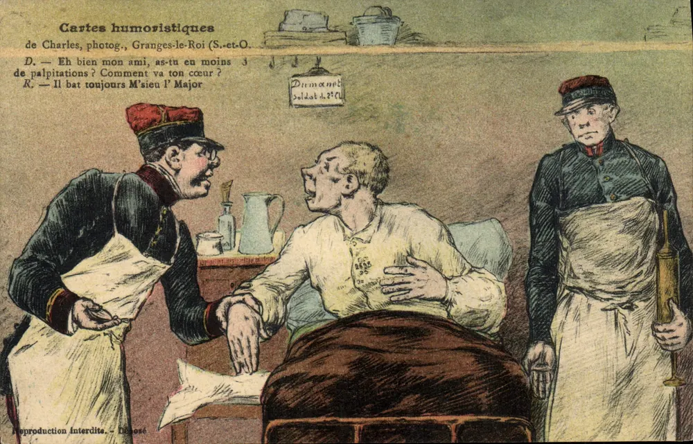 Soldat während einer ärztlichen Untersuchung — Humoristische Karten von Charles, Fotograf, Granges-le-Roi (S.-et-O.) - Vorderseite