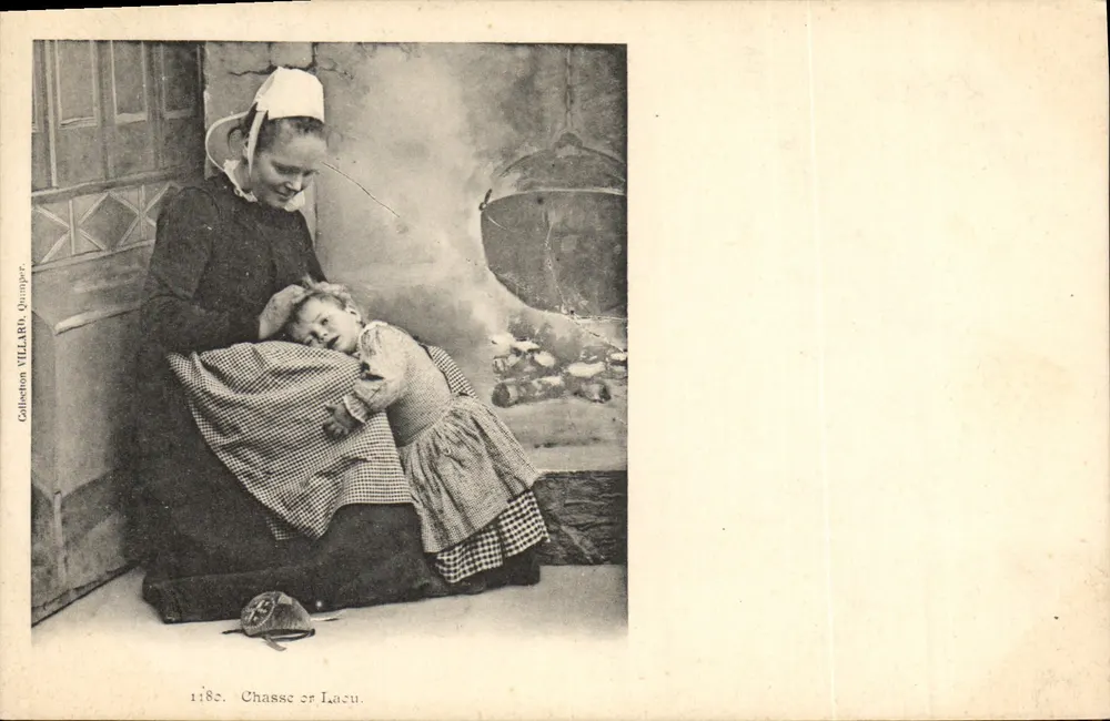 Jagd oder See — Thema: Frau und Kind neben einem Feuer — Sammlung VILLARD, Quimper, Nr. 1180 - Vorderseite