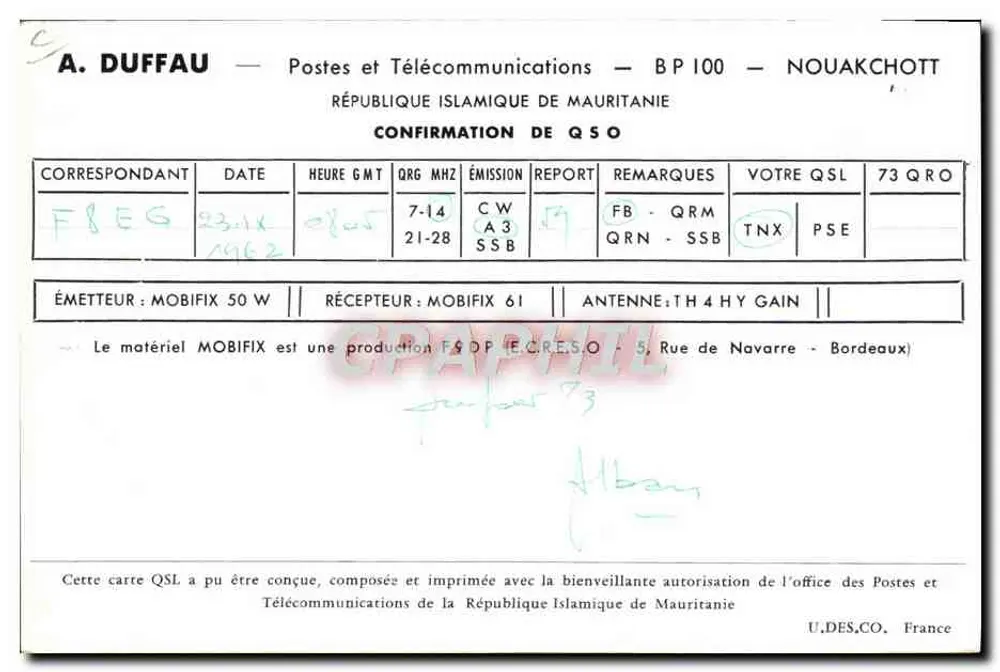 QSL-Karte der Islamischen Republik Mauretanien — A. Duffau — Postes et Télécommunications Nouakchott - Rückseite