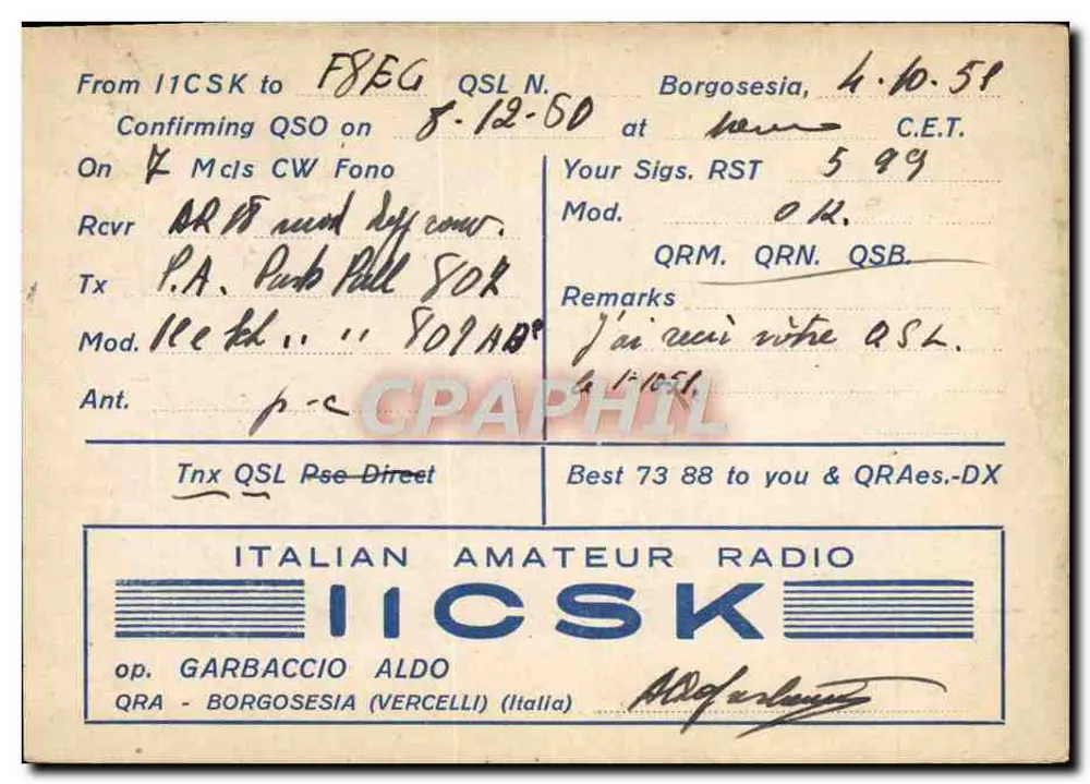 Stazione Sperimentale Italiana — I1CSK — Borgosesia (Vercelli) — QSL von Amateurfunkbetreiber - Vorderseite