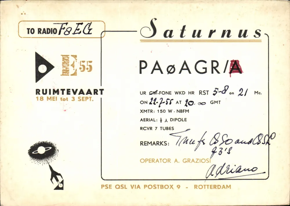 Saturnus — QSL da campanha de radioamador 'Ruimtevaart' — edição PSE QSL, Rotterdam - Frente