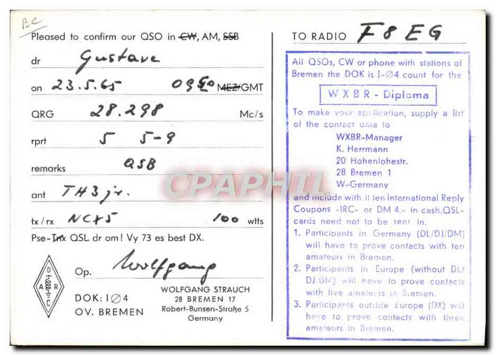 DL11RZ — Funkrufzeichen eines Amateurfunkers — Verlag DOK Bremen - Rückseite