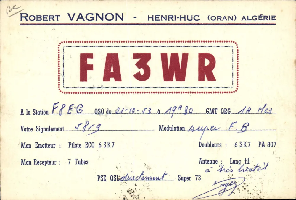 Radiostation FA3WR — Oran, Algerien — Robert Vagnon - Henri-Huc - Vorderseite
