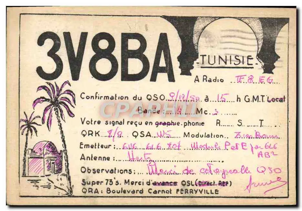 Tunesien — QSO Amateurfunk — 3V8BA — F8EG - Vorderseite