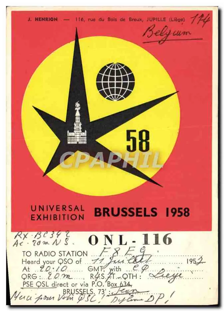 Exposição universal de Bruxelas 1958 — Jupille (Liège) — J. Henrion, 116 rue du Bois de Breux - Frente