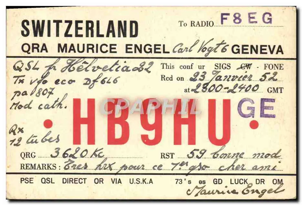 Schweiz — QSL-Radio Maurice Engel an F8EG — Verlag nicht sichtbar - Vorderseite