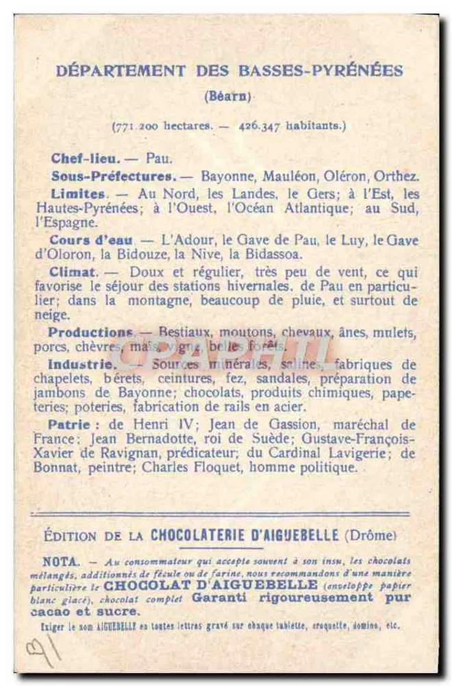Die Departemente: Basses-Pyrénées — Ausgabe der Schokoladenfabrik Aiguebelle - Rückseite
