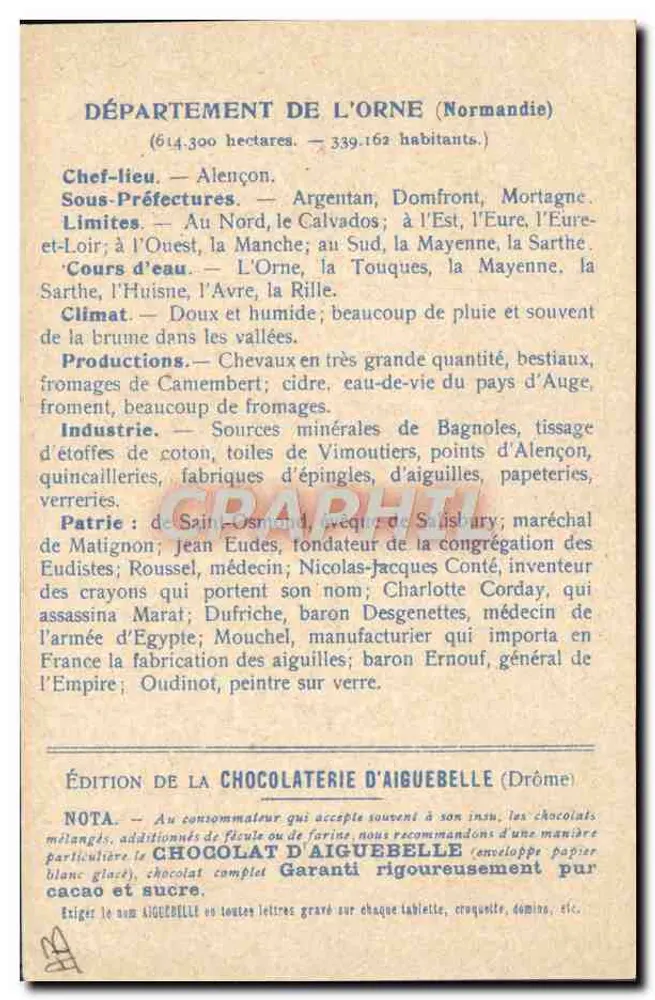 Die Departemente: ORNE — Ausgabe der CHOCOLATERIE D'AIGUEBELLE - Rückseite