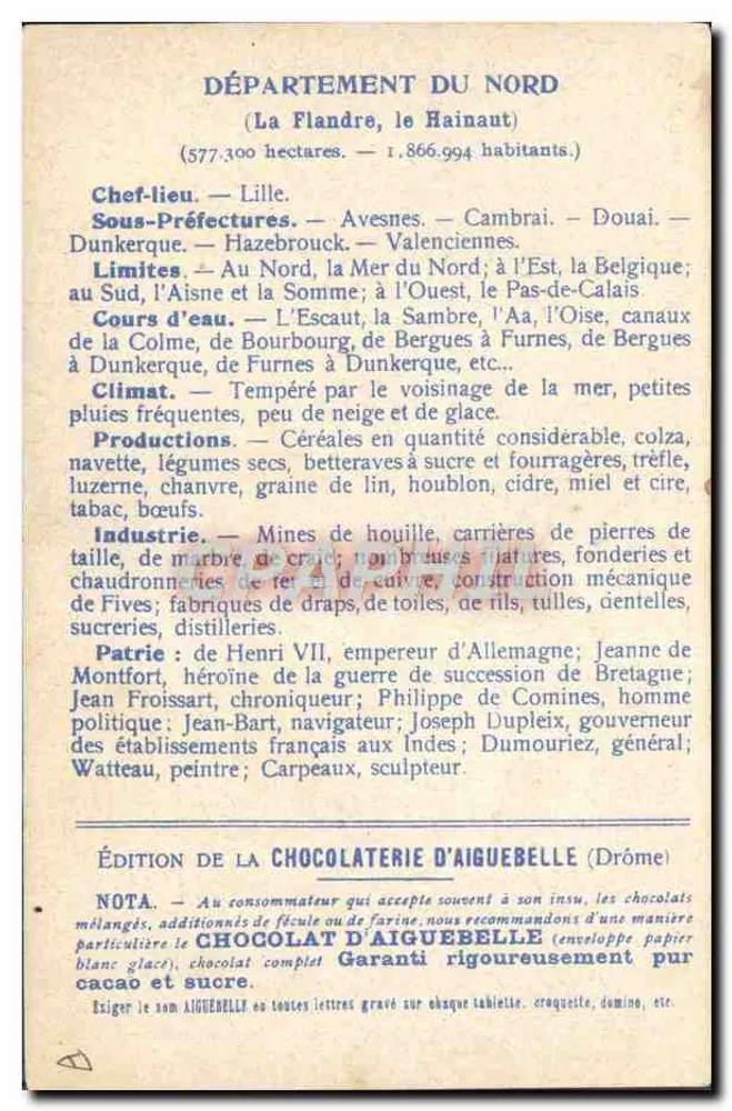 Die Departemente: NORD — Ausgabe der CHOCOLATERIE D'AIGUEBELLE - Rückseite