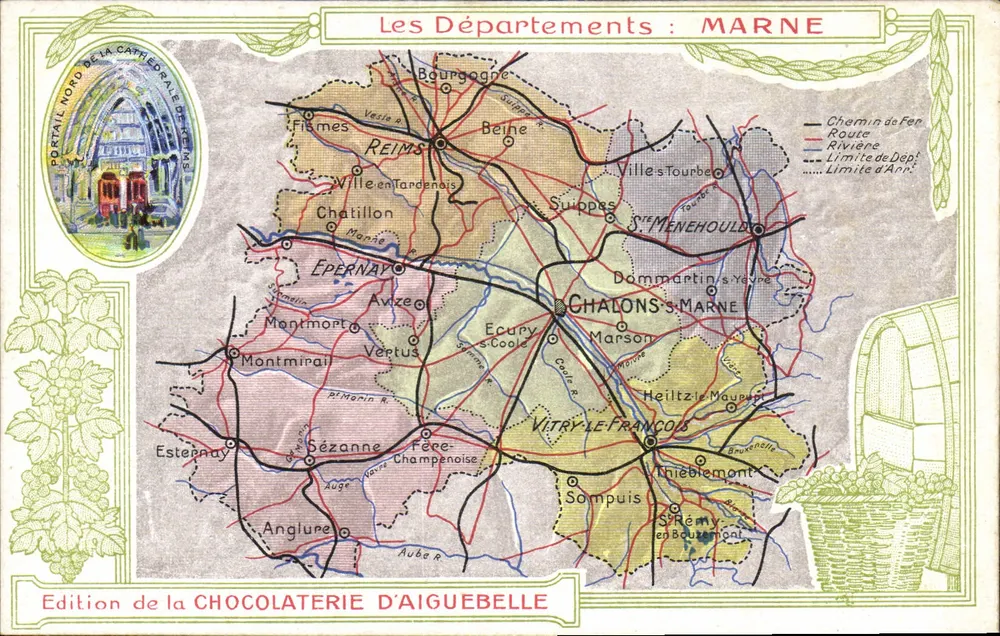 Die Departements: MARNE — geografische Karte mit Porträt der Kathedrale von Reims und Illustration eines Weinbarrels — Edition der CHOCOLATERIE D'AIGUEBELLE - Vorderseite