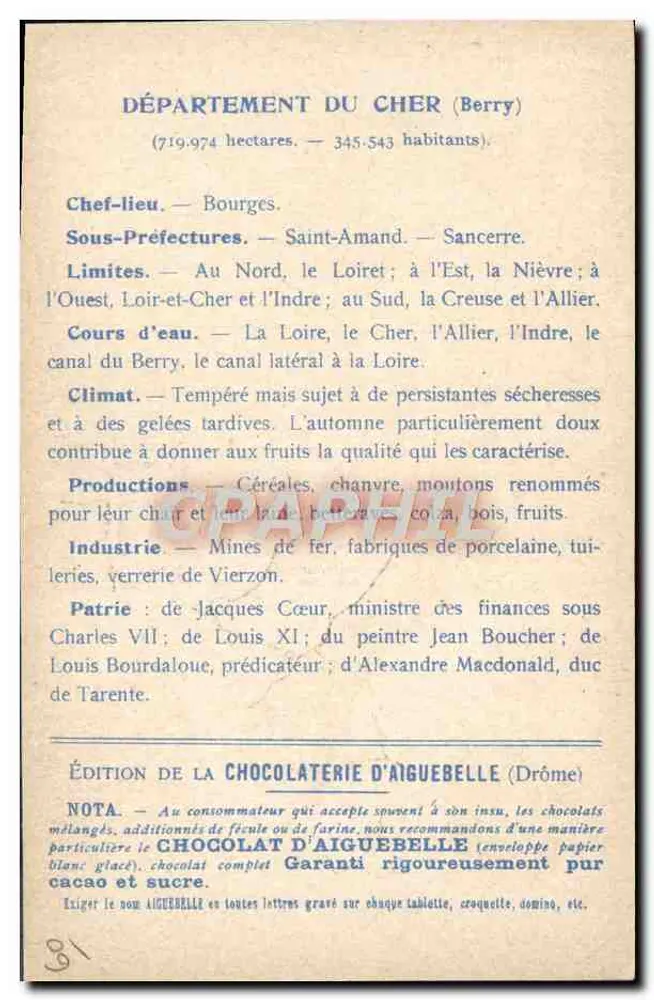 Die Departemente: CHER — Ausgabe der CHOCOLATERIE D'AIGUEBELLE - Rückseite