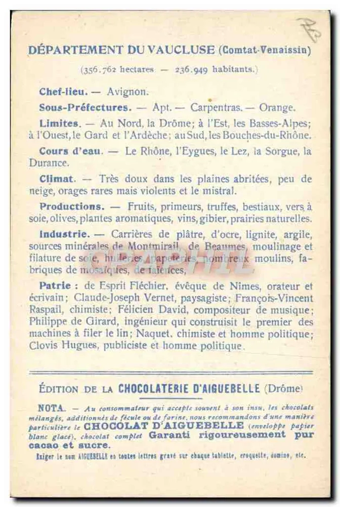 Die Departements: Vaucluse — Édition de la Chocolaterie d'Aiguebelle - Rückseite