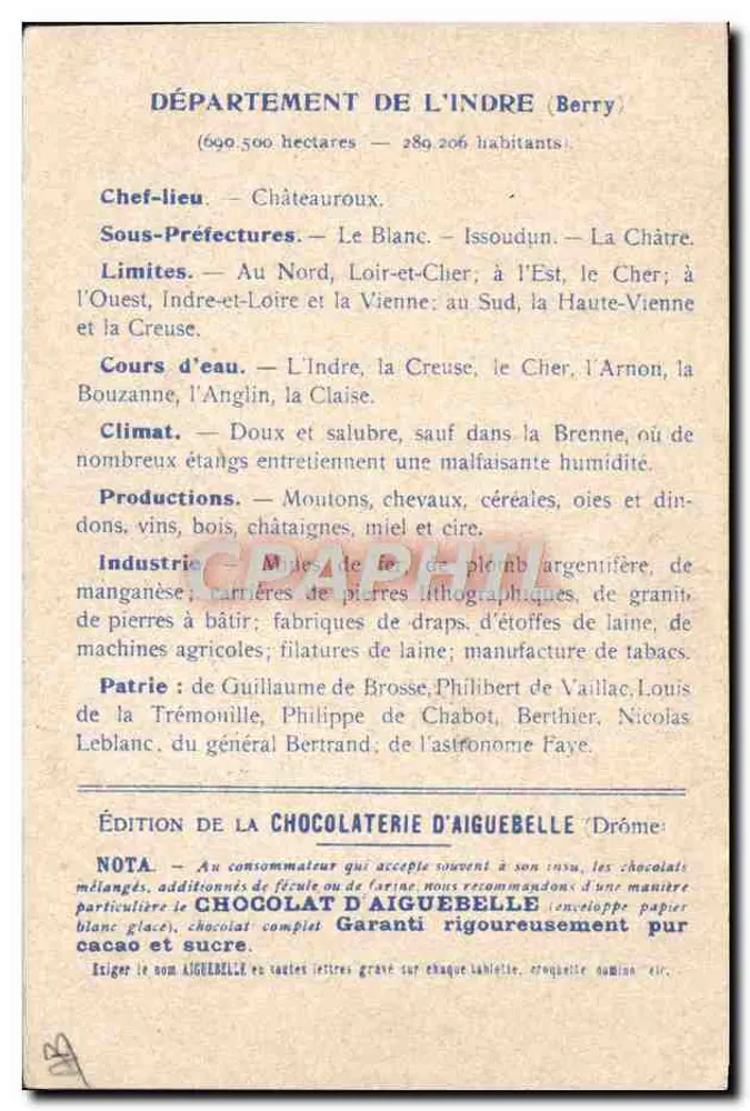 Les Départements : INDRE — Édition de la CHOCOLATERIE D'AIGUEBELLE - Rückseite
