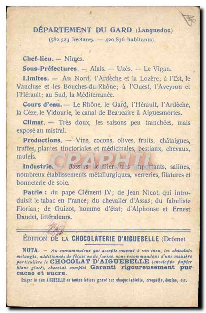 Departements GARD — Ausgabe der CHOCOLATERIE D'AIGUEBELLE - Rückseite
