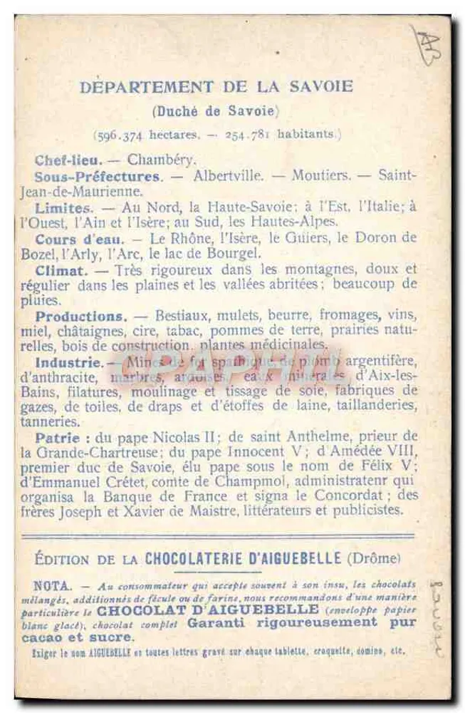 Die Departements: SAVOIE — Ausgabe der CHOCOLATERIE D'AIGUEBELLE - Rückseite