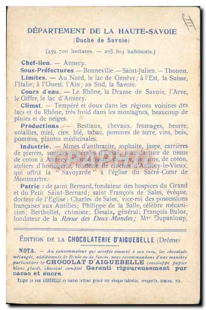 Haute-Savoie — Illustrierte geografische Karte — Edition der Schokoladenfabrik Aiguebelle - Rückseite