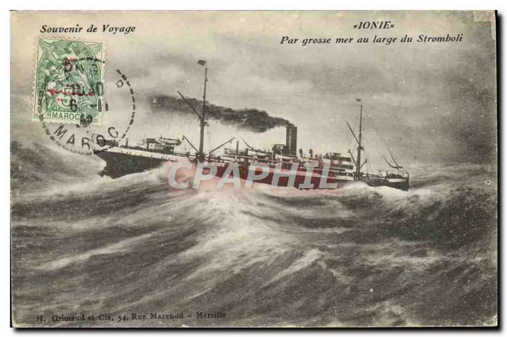 Navio « IONIE » — por mar grosso ao largo do Stromboli — H. Grimaud e Cie, 54 Rue Mazenod - Marseille - Frente