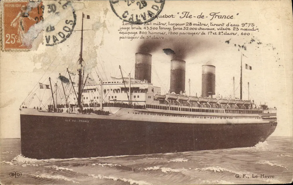 Der Dampfer "Ile-de-France" — technische Details und Navigation — Verlag G.F., Le Havre - Vorderseite