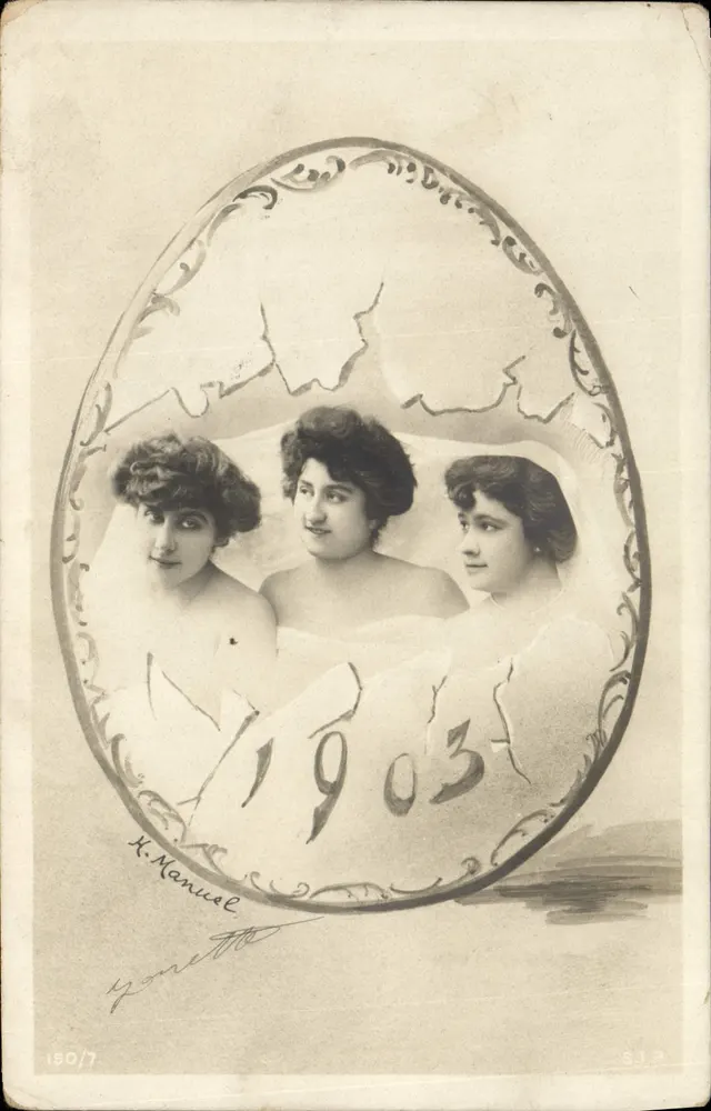 Drei junge Frauen — dekoratives Ei-Szene — H. Manuel, n° 150/7 - Vorderseite