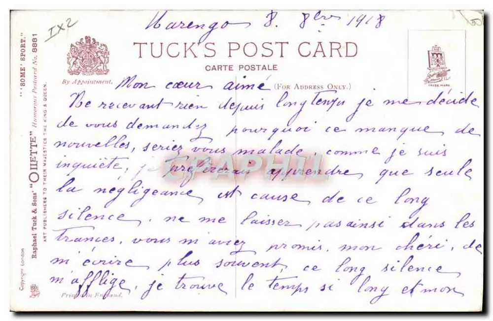 Liebespaar am Strand — Tuck's Post Card n° 8881 — W. Lott - Rückseite